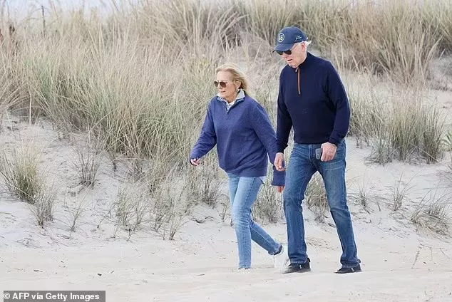 Biden shuffled nervously over the hazardous terrain and appeared to nearly lose his footing completely, while his wife remained surefooted