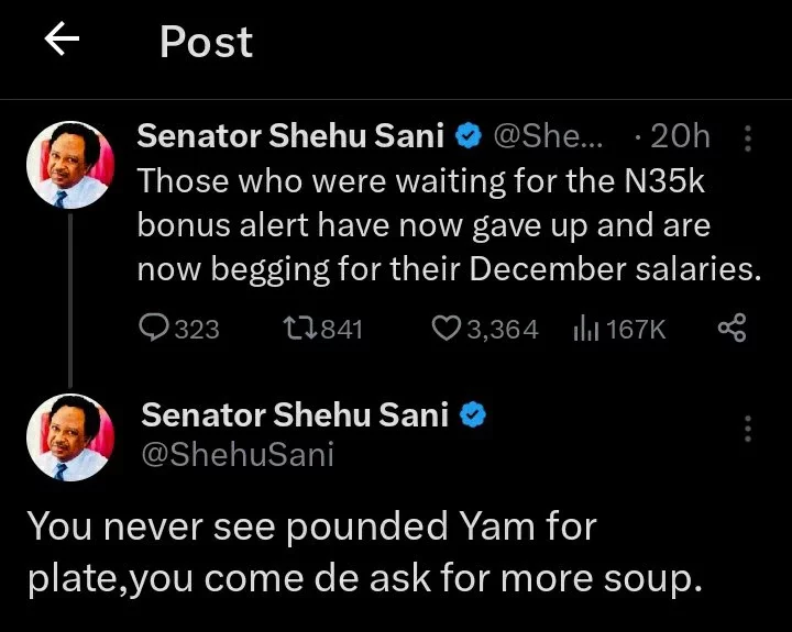 FG N35k bonus: 'You never see pounded Yam for plate, you come dey ask for more soup' - Shehu Sani
