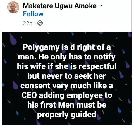 Polygamy is the right of a man but must notify wife - Man claims