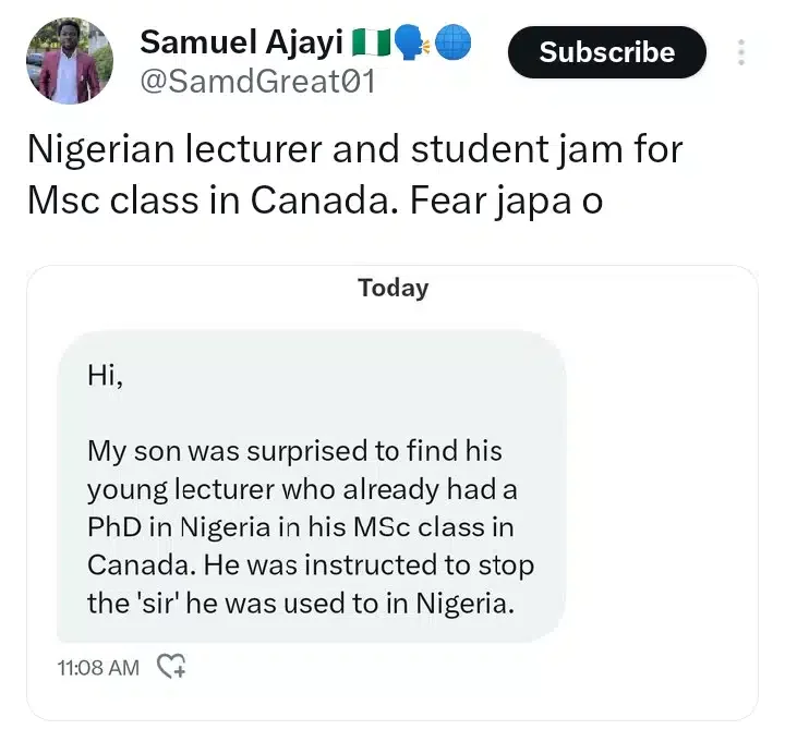 'You have PhD' - Student in disbelief as he meets his Nigerian lecturer in his MSc class in Canada