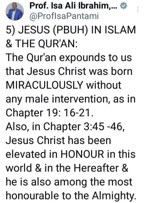 Quran expounds to us that Jesus Christ was born miraculously without any male intervention- Pantami