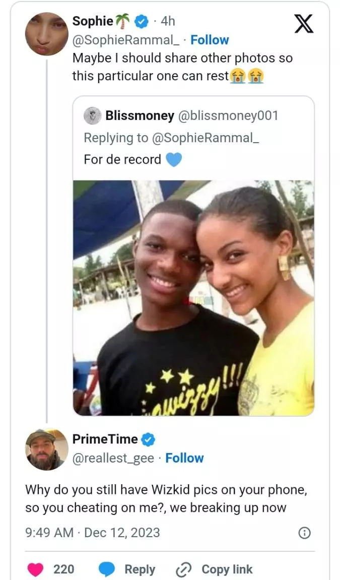 You still love him - Netizens react to Wizkid's ex-lover, Sophie Rammal's comment on old photos with singer