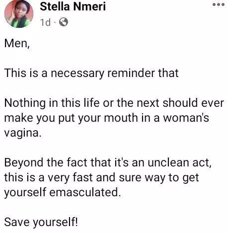 Nothing In This Life Or The Next Should Ever Make You Put Your Mouth In A Woman's V*gina - Nigerian Woman Warns Men