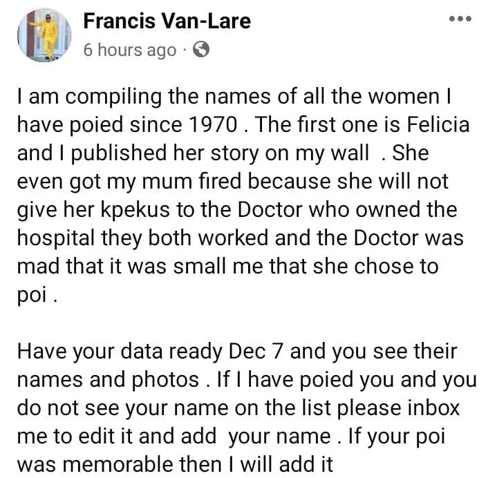 'The first was Felicia; I'm compiling their names' - Francis Van-Lare set to release all the names of ladies he has slept with since 1970