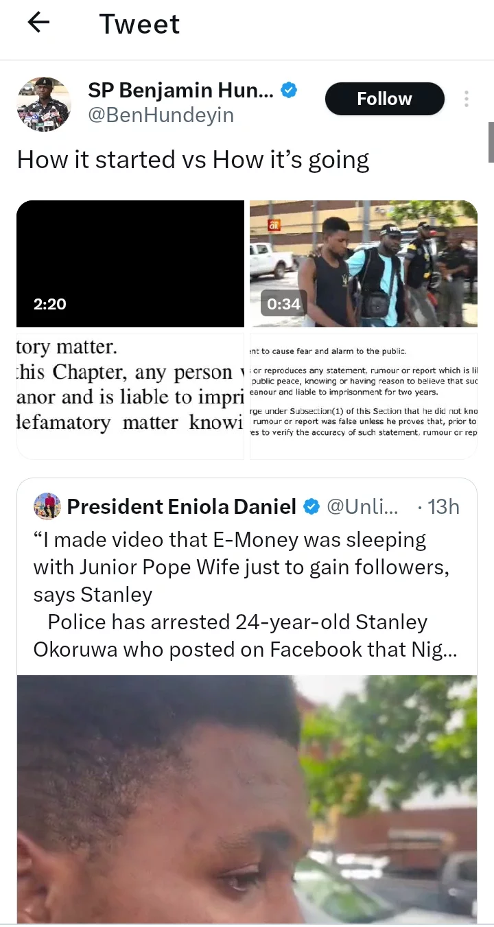 Lagos PPRO shares before and after video of man who said E-Money was sleeping with Jnr Pope wife.