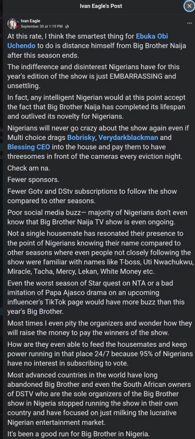 BBNaija: Facebook user advises Ebuka to quit hosting Big Brother after current season