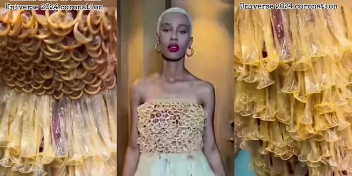 Congolese lady wows internet with unique dress made entirely from condoms