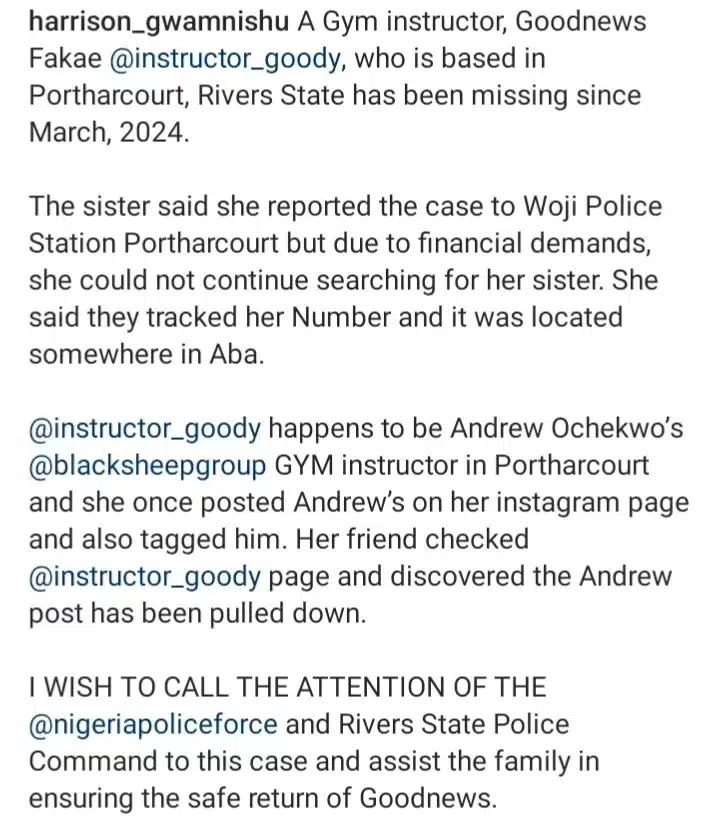 Alarm as Andrew Ochekwo's female gym instructor is declared missing