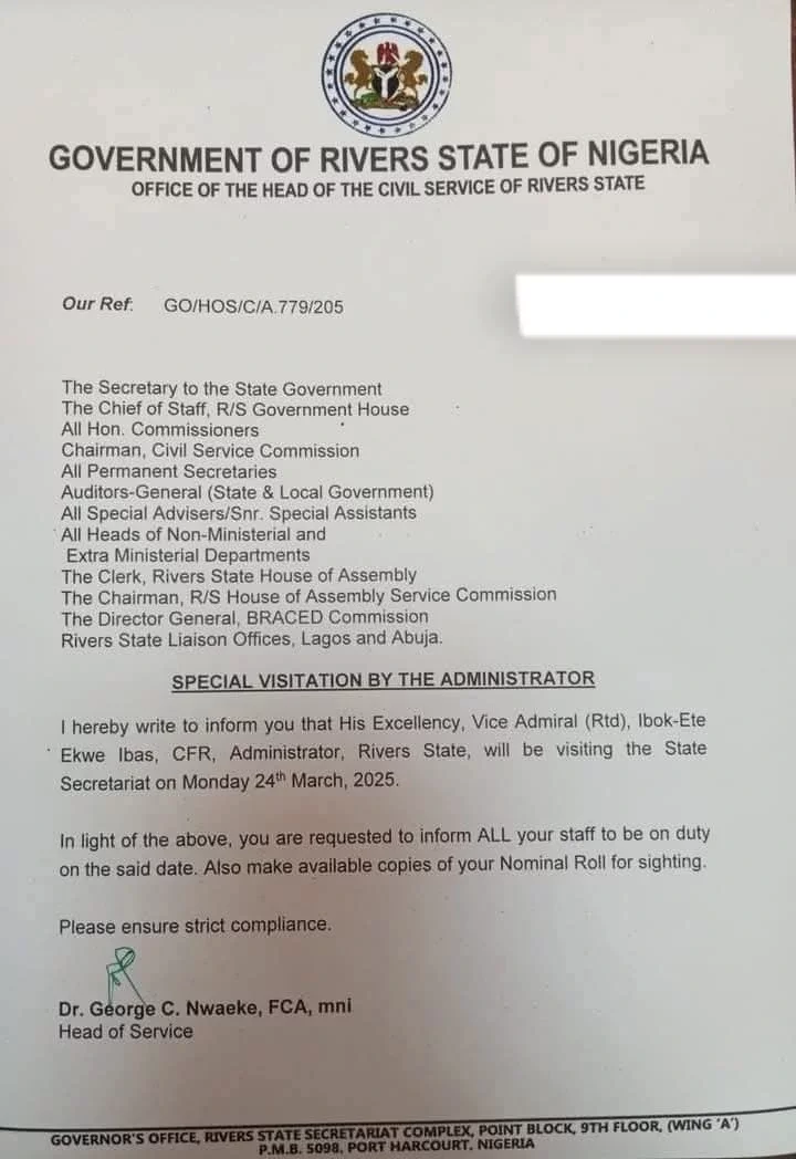 Rivers State Administrator Set to Visit Secretariat, Directs All Civil Servants to Be Present [Photo]