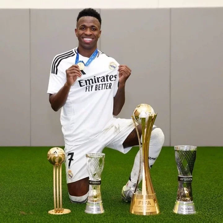 Fans react after seeing photo of Vinicius Jnr posing with his 4 recent awards at the Lusail Stadium.