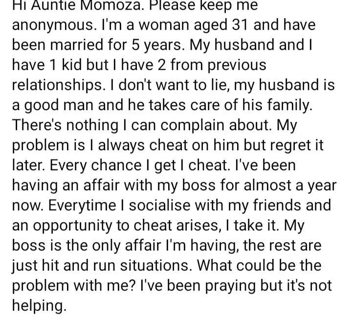 Lady cries out for advice over inability to stop cheating on husband