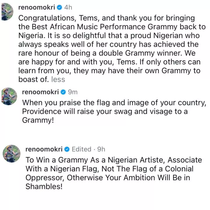 Reno Omokri shades Davido as he congratulates Tems for winning Grammy