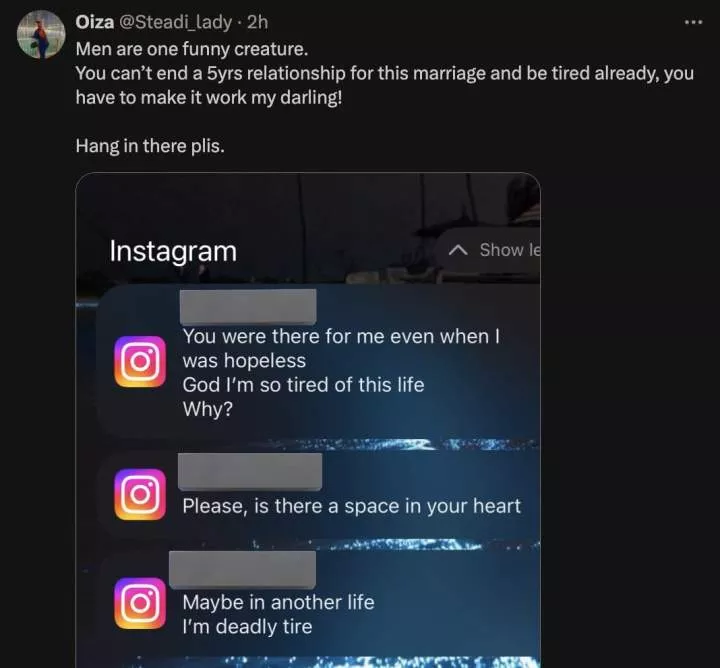 'I'm so sorry; I'm tired' - Lady shares text from married ex who dumped her to marry someone else