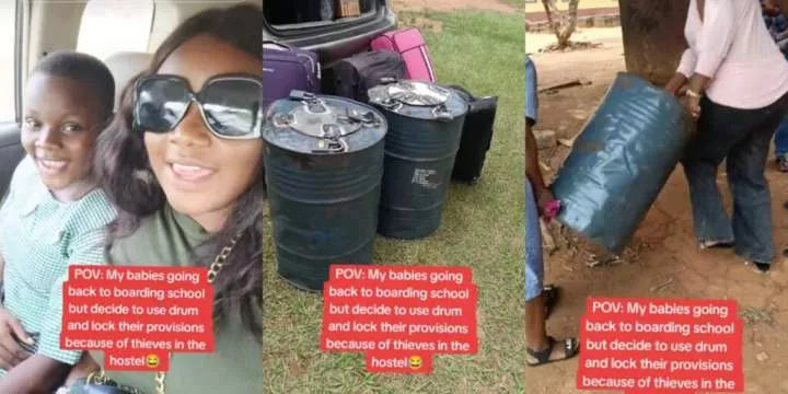 Mom uses drum and padlocks to protect kids' provisions as she takes them to boarding school