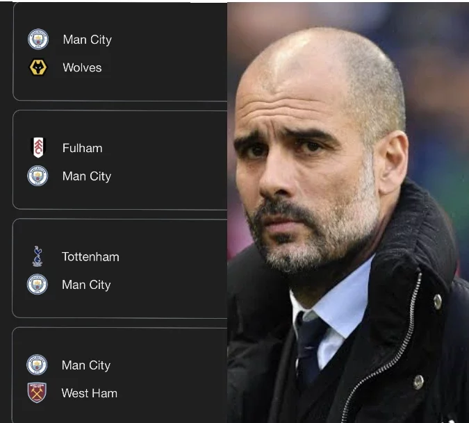 Man City's Next Four Matches In All Competitions Including A Tough Game Against Tottenham.