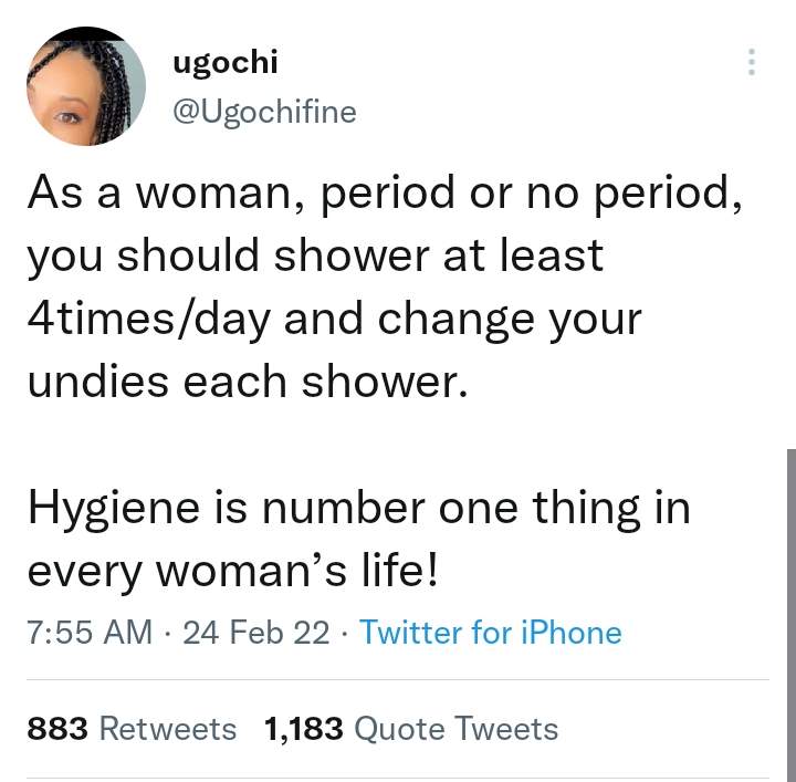 As a lady, you should shower and change your undies at least four times a day - Woman stirs controversy