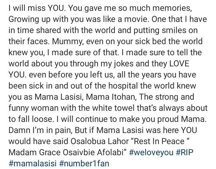 'You were my biggest fan; I will miss you' - Lasisi Elenu mourns as he loses his mum to prolonged illness