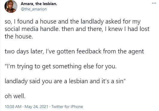 Popular Nigerian lesbian, Amara, denied an apartment after landlady went through her social media handles and discovered she is a lesbian
