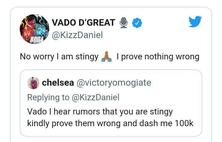 Kizz Daniel replies lady who asked him for N100k to prove he isn't stingy