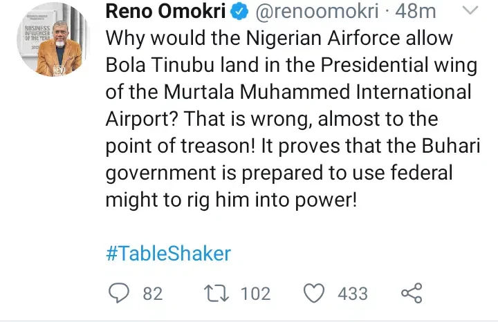 'This is wrong!!' - Reno Omokri kicks; slams the military for allowing Tinubu land in the presidential wing of the MMI Airport on Sunday
