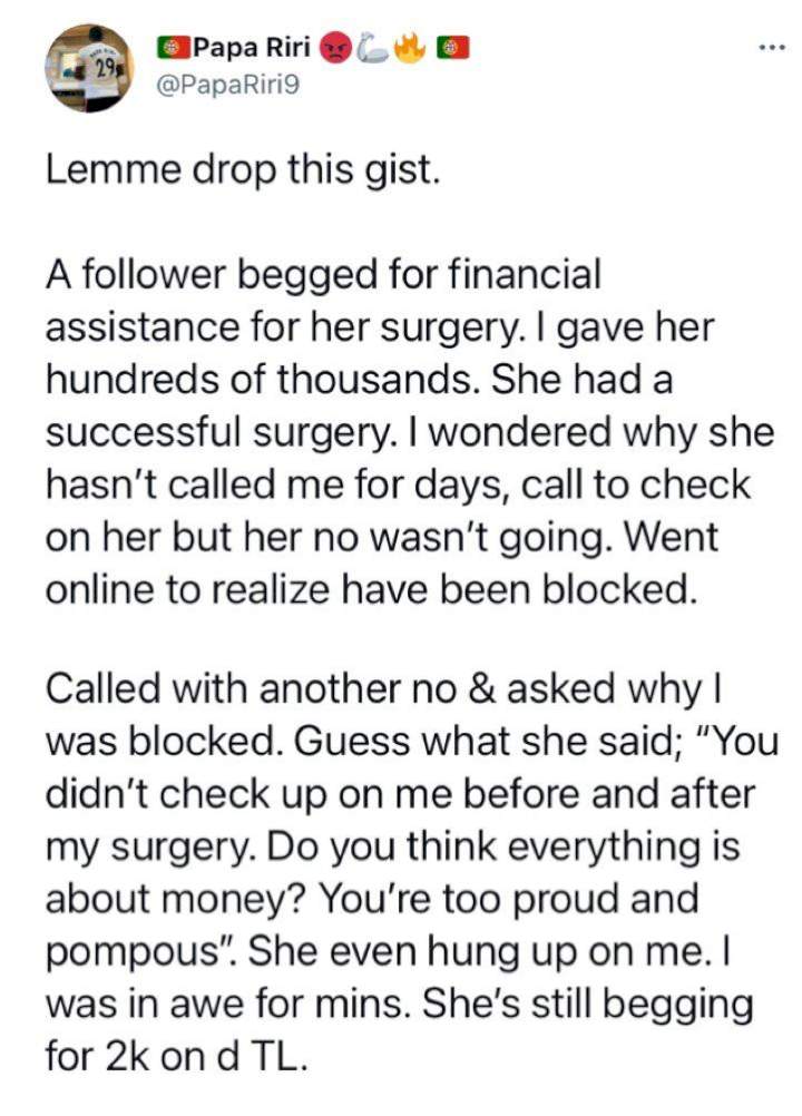 Man gets blocked for not 'checking up' on stranger after helping her with over N100K for surgery