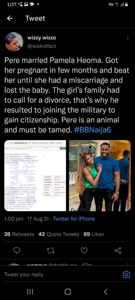 BBNaija: 'Pere married Pamela Heoma, impregnated her, and beat her up till she had a miscarriage' - Twitter user alleges