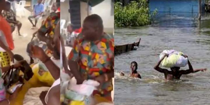 Viral video of flood victims in Bayelsa state receiving a cup of rice as palliative