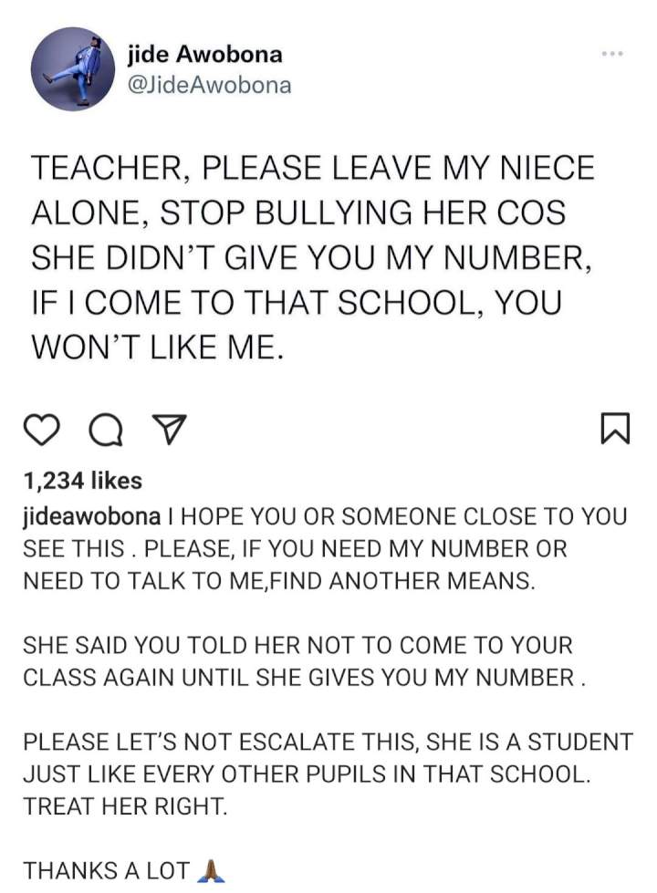 Actor Jide Awobona calls out his niece's class teacher