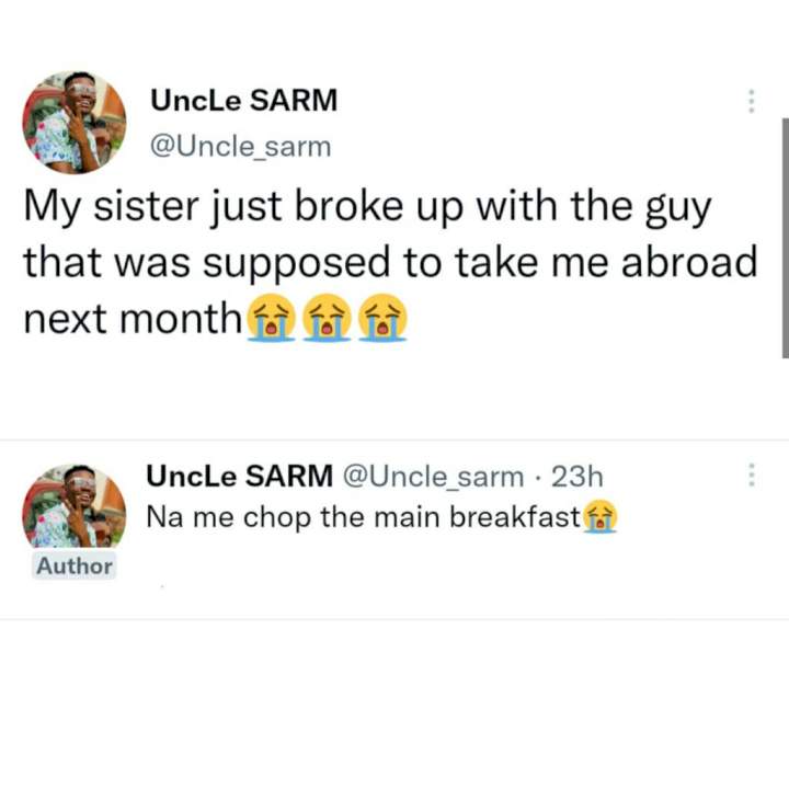 Twitter stories: Man in tears after his sister broke up with her boyfriend who was supposed to take him abroad next month