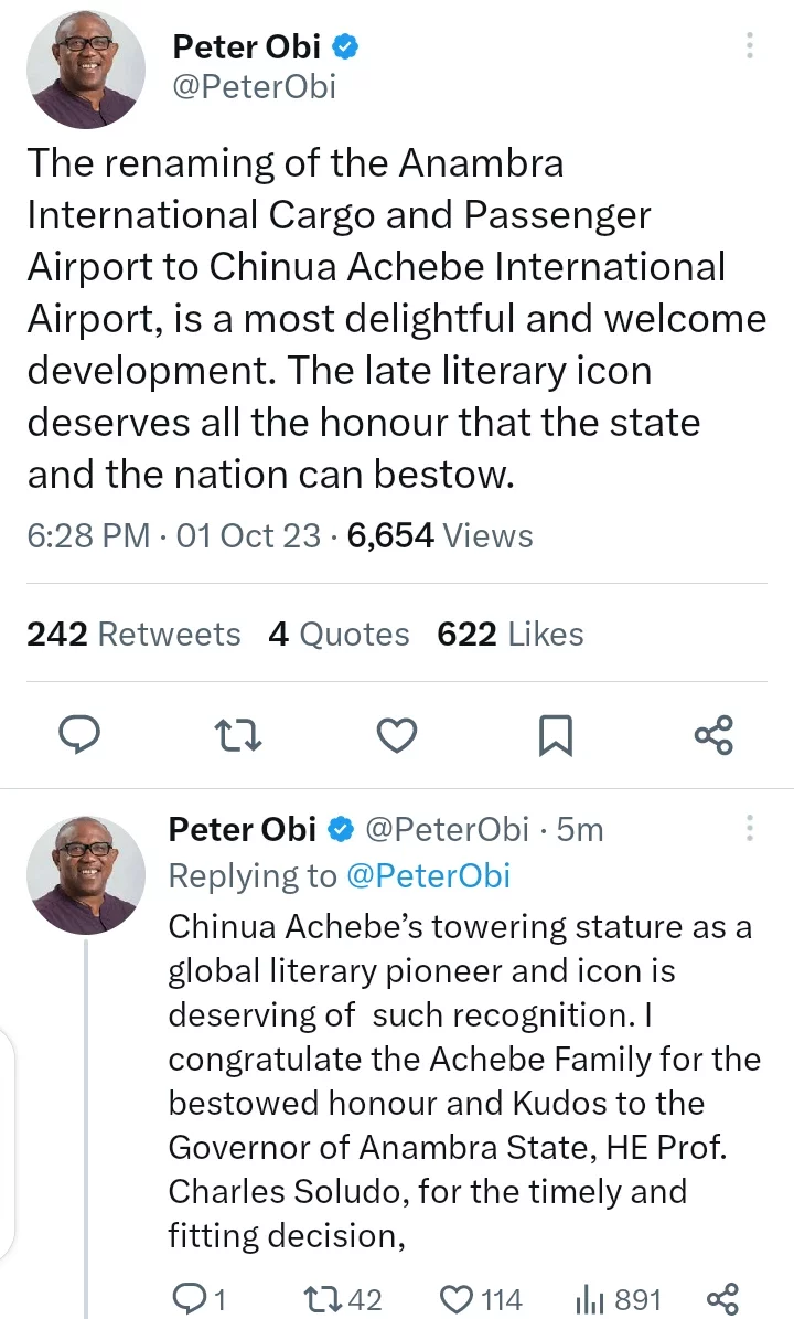 Peter Obi Reacts After Gov Soludo Renamed Anambra Cargo Airport After Chinua Achebe