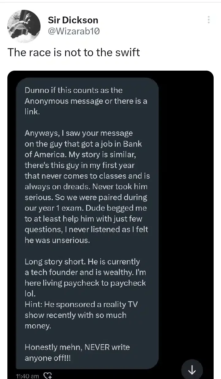 'Ex-coursemate I refused helping during exam now owns tech company while I'm struggling to survive' - Man laments