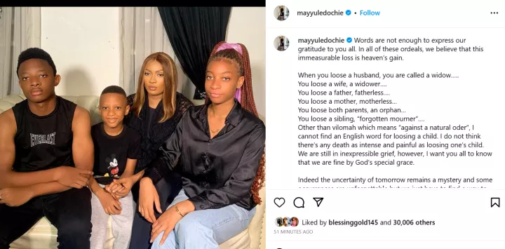 I do not think there?s any death as intense and painful as losing a child - May Yul Edochie says in first Instagram post since she lost her son