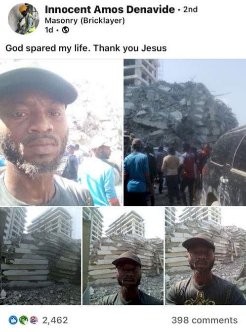 'God spared my life' Man working in collapsed Ikoyi building just before it fell narrates how he narrowly escaped being buried in the rubble