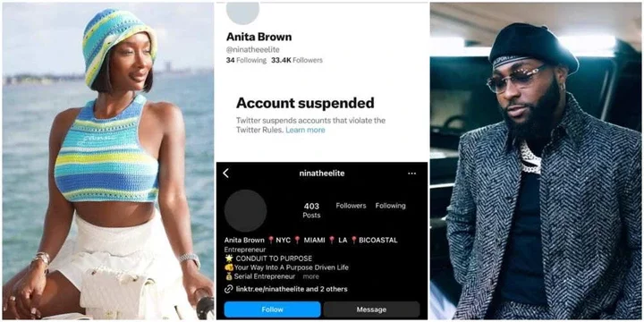 Davido's Anita Brown gets suspended on Twitter and Instagram, many react: "Finally she go rest"
