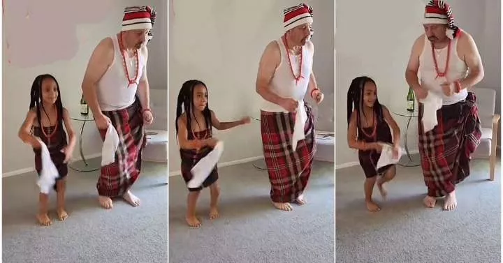 Little girl teaches oyinbo father how to dance like Igbo man (Video)