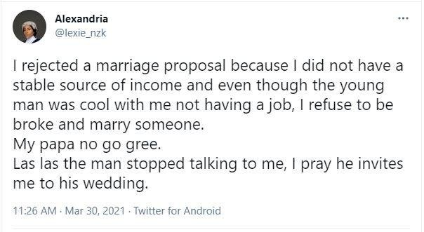 Lawyer reveals she turned down a marriage proposal because she was broke
