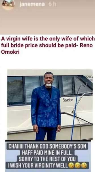 Janemena reacts to Reno Omokri's statement on only virgins deserving full bride price