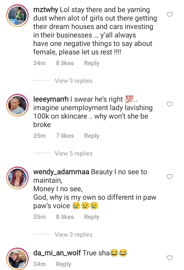 'Most young ladies are broke because they spend all their money maintaining beauty instead of investing' - Stanley Nweze writes; ladies react