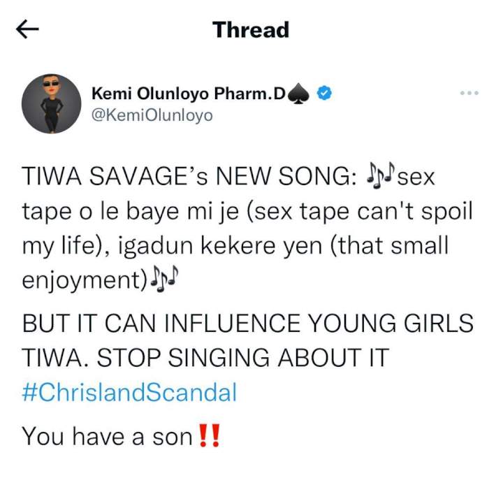 'Stop singing about your scandal; you have a son' - Kemi Olunloyo chides Tiwa Savage over new song