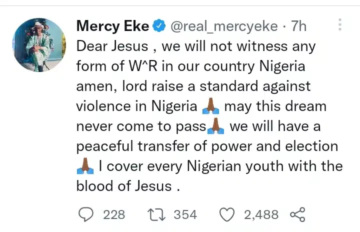 Mercy Eke fires intense prayer against dream of war she had