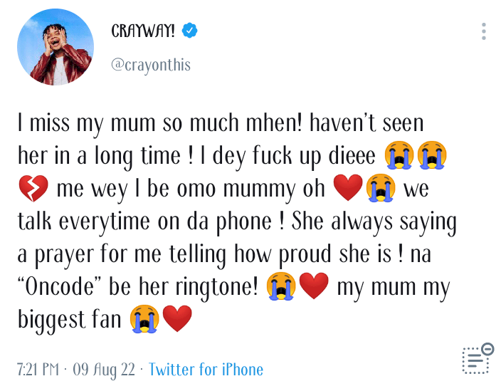 Nigerian singer, Crayon, under fire after revealing why he hasn't visited his parents in 5 years