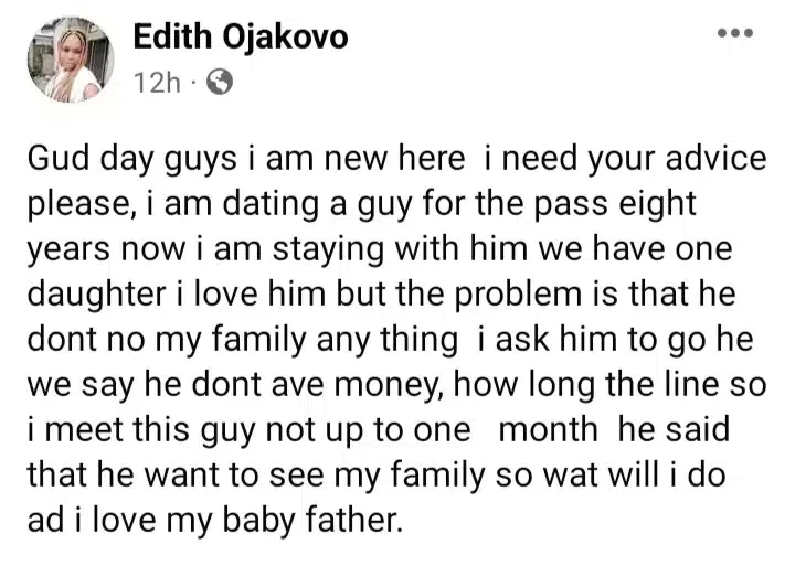 'He doesn't know my family' - Lady calls out boyfriend of 8 years who has refused to marry her after having a child together