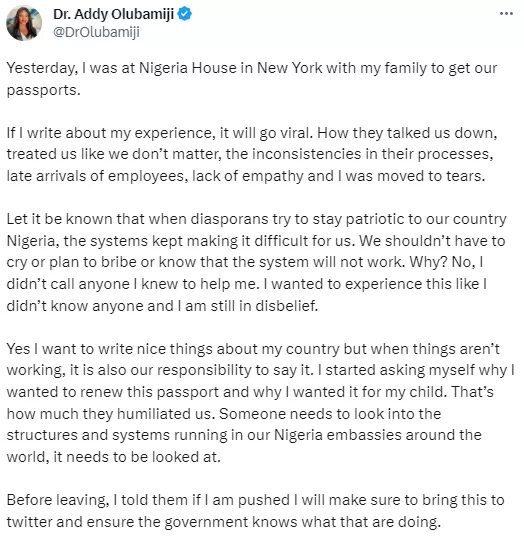 I started asking myself why I wanted to renew this passport and why I wanted it for my child-Nigerian doctor lament about the humiliating experience she had at the Nigerian Embassy in New York