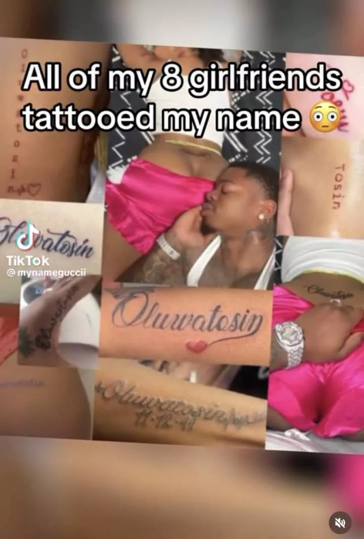 Nigerian man shares video of his 8 girlfriends tattooing his name