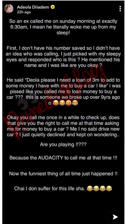Adeola Diiadem shares experience with ex-boyfriend who woke her up at 6am to borrow N3M to buy car for girlfriend