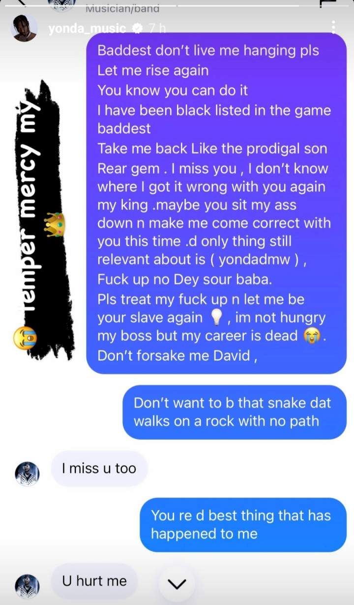 'You hurt me' Davido replies after his signee Yonda apologised for betraying him