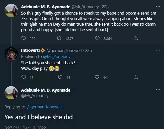 Man applauds girlfriend for returning N75K received from secret admirer instead of N2800 for goods