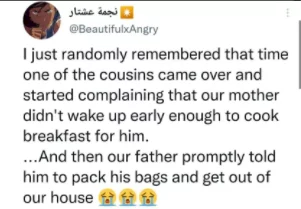 Twitter user reveals how her father handled his relative who visited and was upset that their mother didn't wake early to cook