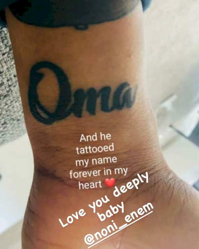 Actress, Oma Nnadi's husband, Noni Enem, tattoos her name on his hand