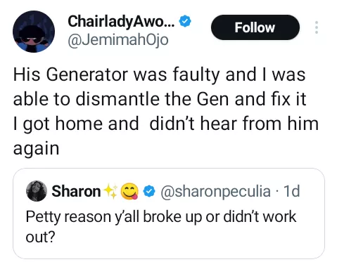 Nigerian lady says her ex broke up with her after she dismantled and fixed his faulty generator